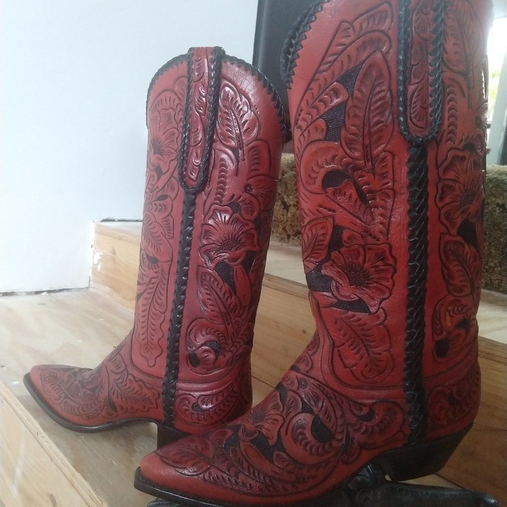 RARE Larry Mahan tooled cowboy boots Womens size 7 -71/2 B